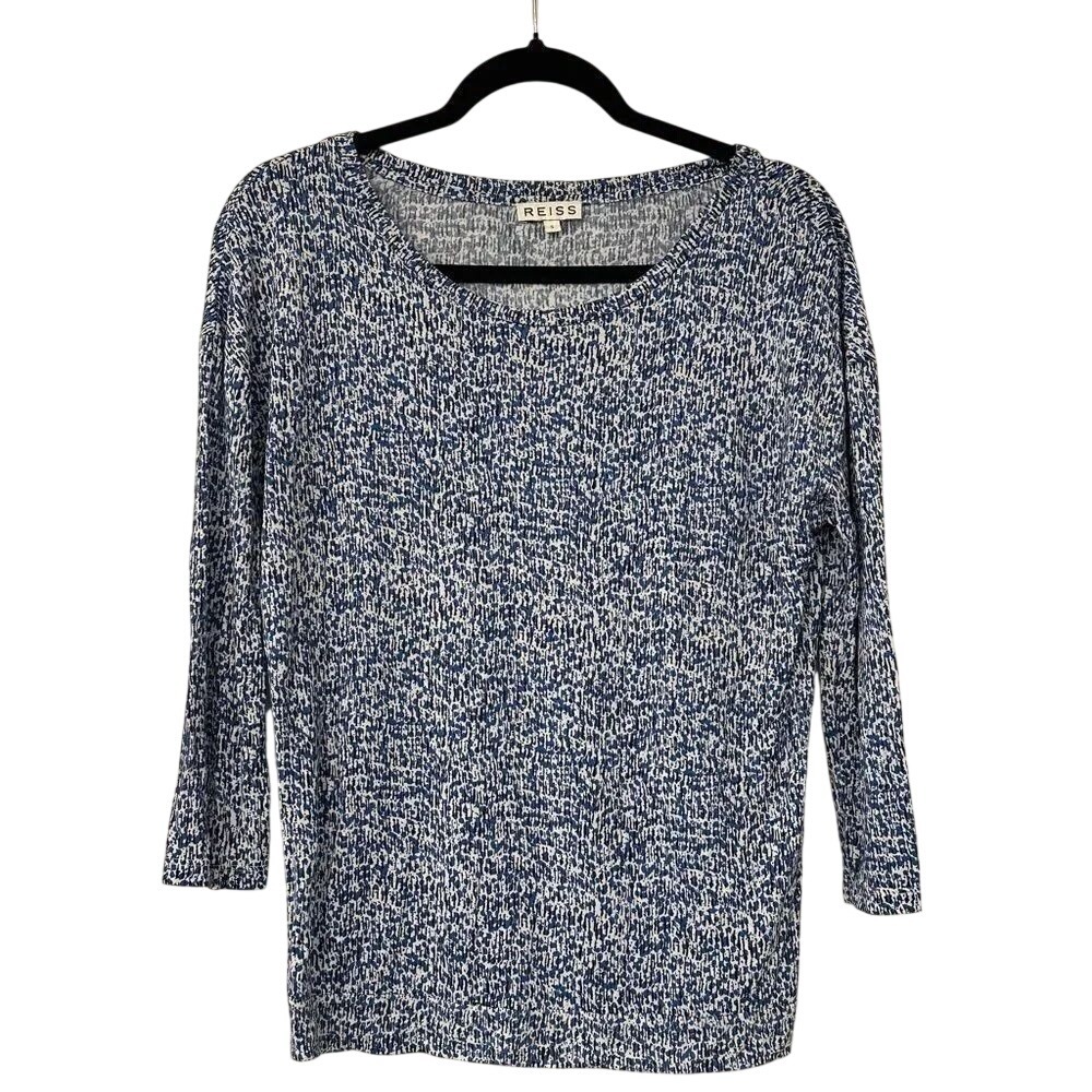 Reiss Womens Blue White Abstract Print Scoop Neck 3/4 Sleeve Knit Top Size S - Picture 1 of 3
